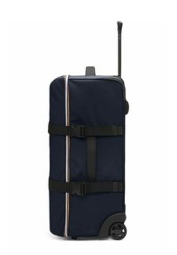 Valigia in tessuto blu con manico estraibile, cinghie nere, due ruote e un'accattivante striscia a contrasto lungo il lato.