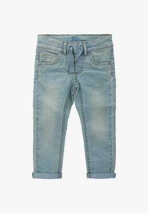 Lyseblå denimjeans med snoretræk i taljen, fem lommer og opsmøgede cuffs. Har en falmet tekstur og kontrasterende syninger.