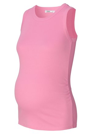 Roze geribbelde mouwloze zwangerschaps top met een aansluitend ontwerp en zijruche. Zachte stof en ronde hals.