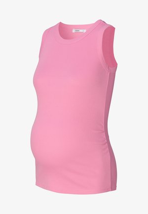 Różowa, prążkowana, bezrękawnikowa bluzka ciążowa o dopasowanym kroju i bocznym marszczeniu dla większej elastyczności; miękka tkanina i okrągły dekolt.