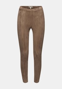 Leggings in suede marrone, design aderente con vita elastica, texture liscia, caratterizzati da cuciture verticali per un tocco di dettaglio in più.