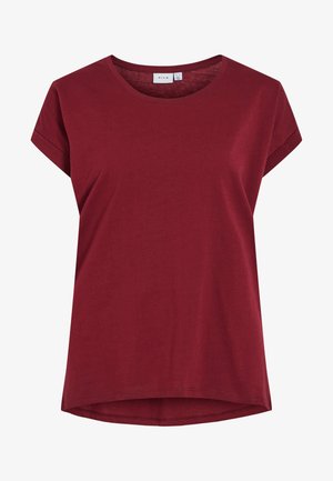 Bordeaux T-shirt lavet af blødt bomuld med rund hals, korte ærmer og en let buet kant. Enkel, ensfarvet design.