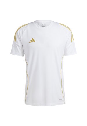 White athletic t-shirt with gold accents, featuring three gold stripes on shoulders and a small logo on the chest. Soft, lightweight fabric.