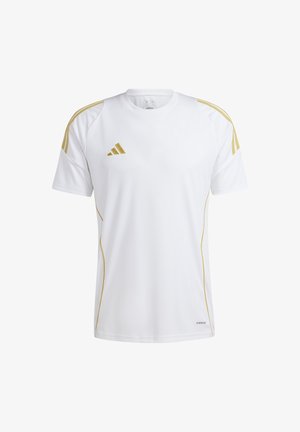 Witte sportieve t-shirt met gouden accenten, voorzien van drie gouden strepen op de schouders en een klein logo op de borst. Zacht, lichtgewicht materiaal.