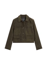 Cropped olive green suede jacket with a pointed collar, two front pockets, and button closures. Smooth texture, minimal design.