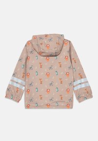 Beige Regenjacke für Kinder mit einem verspielten Tiermuster. Sie verfügt über eine Kapuze, elastische Bündchen und reflektierende Streifen an den Ärmeln.