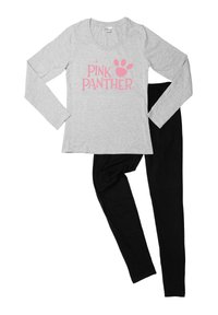 La maglietta grigia a maniche lunghe presenta la scritta "PINK PANTHER" in un rosa chiaro, abbinata a leggings neri. Entrambi gli articoli sono realizzati in tessuto morbido.
