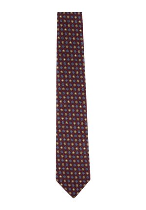 Cravatta marrone con motivo circolare ripetuto in blu, oro e bianco disposti a file.