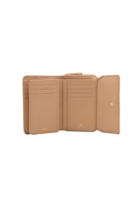 Cartera de cuero beige con múltiples compartimentos para tarjetas, un compartimento con cremallera y un acabado texturizado. Accesorios en color dorado visibles.