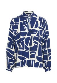 Blusa a maniche lunghe con collo alto, caratterizzata da una stampa geometrica blu e bianca. Realizzata in tessuto leggero, con un dettaglio a fiocco al collo.
