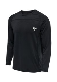 Czarna sportowa koszulka z długim rękawem z oddychającego materiału z małym białym logo pszczoły na lewej piersi.