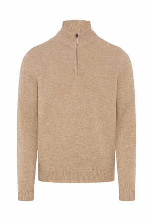 Beiger, gestrickter Pullover mit hohem Kragen und Viertel-Reißverschluss. Mit gerippten Bündchen und Saum, zeigt eine weiche Textur und schlichtes Design.