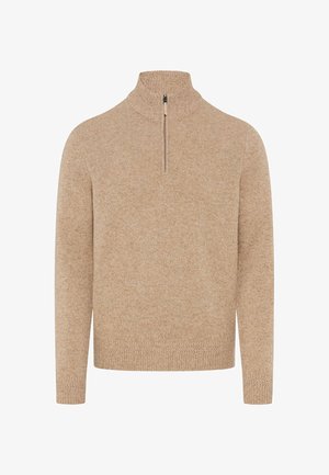 Beiger, gestrickter Pullover mit hohem Kragen und Viertel-Reißverschluss. Mit gerippten Bündchen und Saum, zeigt eine weiche Textur und schlichtes Design.