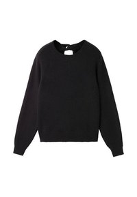 Schwarzer Pullover aus Strick, mit Rundhalsausschnitt, langen Raglanärmeln und einem Ausschnitt auf der Rückseite. Verkürzte Länge.