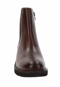 Botte chelsea en cuir marron avec une finition lisse, des panneaux latéraux élastiques et une fermeture éclair. Dispose d'une semelle en caoutchouc basse pour une bonne traction.