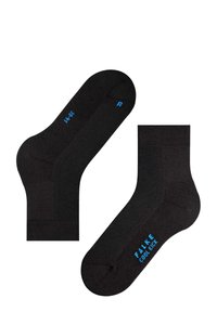 Schwarze Baumwollsocken mit einem gerippten Bündchen und strukturiertem Design, versehen mit "FALKE COOL KICK" in Blau an der Seite und Sohle zur Identifizierung.