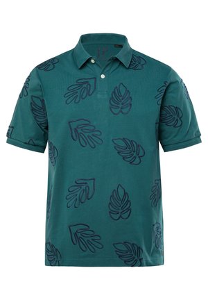 Teal polo shirt with embroidered leaf patterns in dark blue. Features a classic collar and a three-button placket. Short sleeves.