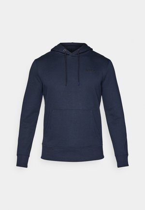 Navy blue hoodie with a front kangaroo pocket, adjustable drawstring hood, and embroidered logo on the chest. Soft fabric and ribbed cuffs.