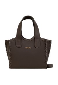 Tumepruun nahast käekott õmmeldud äärtega, kahe sangaga ning kullakarva "RYŁKO" logo keskel esiküljel.