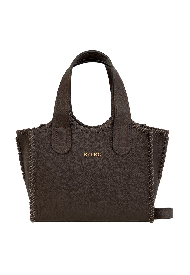 Tumepruun nahast käekott õmmeldud äärtega, kahe sangaga ning kullakarva "RYŁKO" logo keskel esiküljel.