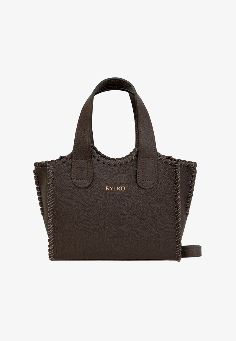 Tumepruun nahast käekott õmmeldud äärtega, kahe sangaga ning kullakarva "RYŁKO" logo keskel esiküljel.
