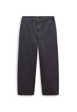 Pantaloni grigio scuro a gamba dritta con tasche frontali, passanti per cintura, chiusura con bottone e cerniera, mostrati su sfondo bianco.