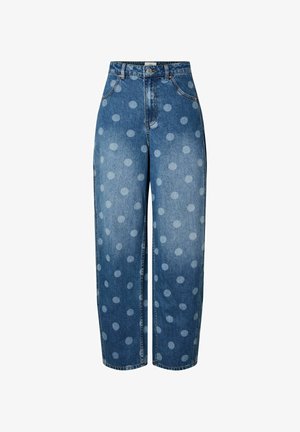 Blå denimjeans med høj talje og lyseblå polkapricker, forlommer, knap- og lynlåslukning, straight-fit ben.
