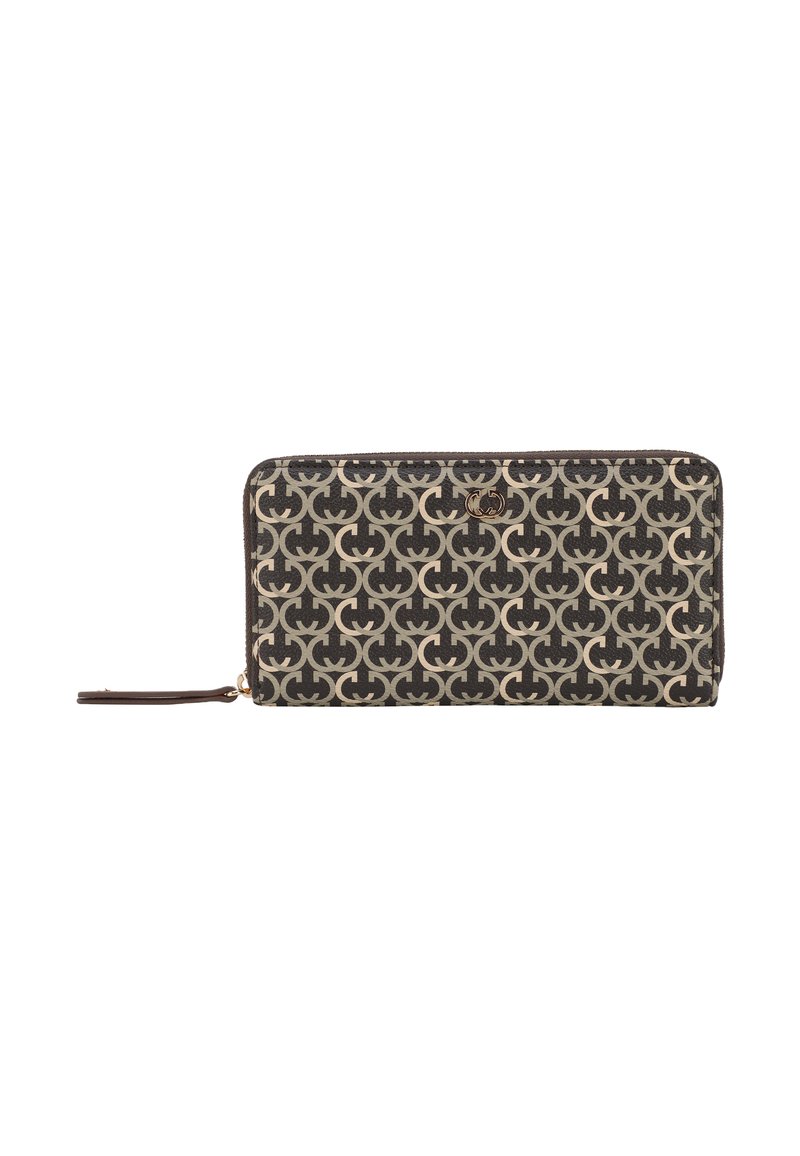 Portafoglio marrone con zip perimetrale, caratterizzato da un motivo geometrico beige, con un tirante in pelle e hardware dorato, che offre un design elegante.