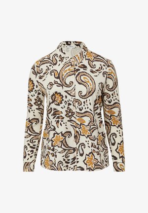 Long-sleeve button-up shirt with brown, mustard, and beige floral and paisley pattern on cream background.
