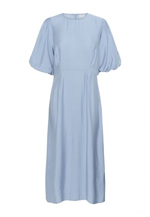 Helles blaues, knielanges Kleid mit Puffärmeln, glatter Satinoberfläche, rundem Ausschnitt und einem dezenten Reißverschluss auf der Rückseite.