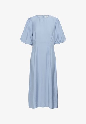 Világoskék, térd hosszúságú ruha puffos ujjal, sima selyemszerű textúrával, kerek nyakkivágással és diszkrét hátsó cipzárral a záródásért.