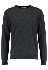 Ciemnoszary sweter z długim rękawem i dekoltem w kształcie litery V. Wykonany z miękkiego materiału, z żebrowanymi mankietami i dołem, co zapewnia dopasowany wygląd.