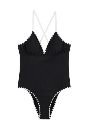 Czarny jednoczęściowy strój kąpielowy z białymi zygzakowymi wykończeniami, z głębokim dekoltem w kształcie V i krzyżującymi się ramiączkami na plecach. Gładki, elastyczny materiał.