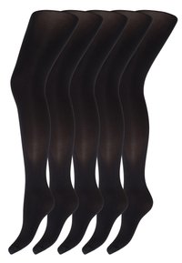 Uigennemsigtige sorte tights, fem par vist side om side, med en glat overflade og forstærket tå. Klassisk design, der passer til forskellige outfits.