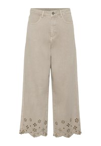 Pantalon beige à jambes larges avec taille haute, poches avant, fermeture à boutons, et détails brodés de fleurs en œillets sur l'ourlet festonné.