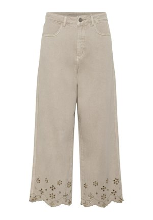 Beige Weitbein-Hose mit hoher Taille, Fronttaschen, Knopfverschluss und bestickten Blumen-Ösen-Details am gewellten Saum.