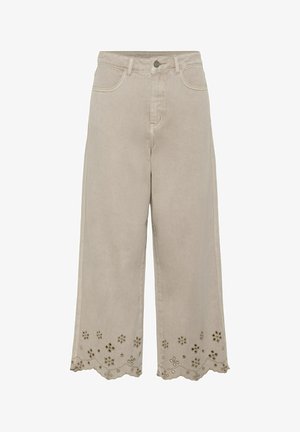 Beige Weitbein-Hose mit hoher Taille, Fronttaschen, Knopfverschluss und bestickten Blumen-Ösen-Details am gewellten Saum.
