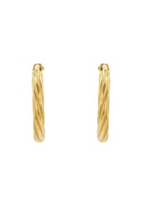 Verdrehte goldene Creolen mit glänzender Oberfläche, im Spiraldesign und abgerundeter Form, geeignet für verschiedene Anlässe.