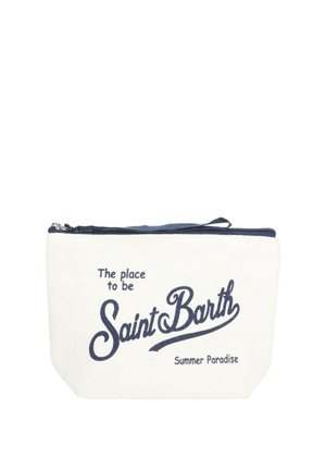 Bustina bianca con zip con rifiniture blu navy, con la scritta "The place to be Saint Barth Summer Paradise" in carattere blu navy.