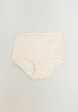 Culotte taille haute beige clair en tissu lisse, avec des coutures ton sur ton et un petit accent en ruban au niveau de la taille.