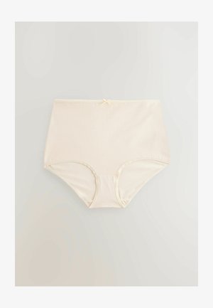 Hoge taille lichtbeige slip met een gladde stof, tonale stiksels en een kleine strikaccent op de taille.