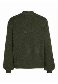 Olivgrön stickad tröja med hög krage, neddragna axlar och ribbade ärmslut. Texturerat, mjukt material med avslappnad passform.