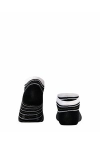 Schwarze Knöchelsocken mit weißen und grauen horizontalen Streifen. Weicher, gestrickter Stoff mit geripptem Bündchen für zusätzlichen Halt. Zwei Paar ausgestellt.