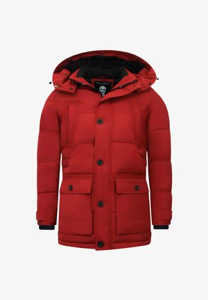 Rode gevoerde winterjas met capuchon, sluiting met knopen en rits aan de voorkant, twee klepzakken, twee verticale borstzakken en een zwarte binnenvoering.