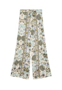 Pantalones de pierna ancha florales en tela blanca, con motivos azules y verdes, una cintura con lazo y rayas verticales contrastantes a lo largo de los lados.