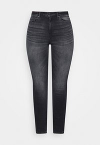 Jeans ajustados de mujer de tiro alto en denim negro descolorido con botón en el frente, trabillas para cinturón y diseño de cinco bolsillos.