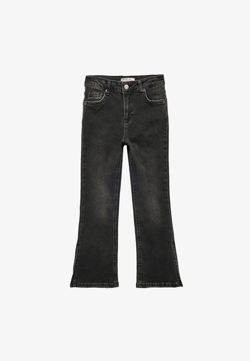 Czarne dżinsy z rozszerzanymi nogawkami o wypłowiałym wykończeniu. Posiadają przednie kieszenie, zapięcie na guzik oraz przeszycia wzdłuż szwów.