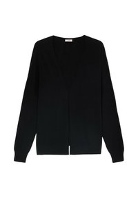 Svart v-ringad cardigan i mjukt stickat material. Har långa ärmar, en lös passform och en öppen framsida utan knäppningar.