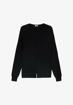 Cárdigan negro de pico hecho de material de punto suave. Cuenta con mangas largas, un corte suelto y un diseño de frente abierto sin cierre.