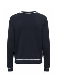 Pull bleu marine à manches longues avec bordure blanche sur le col, les poignets et l'ourlet, vu de dos sur un fond blanc.